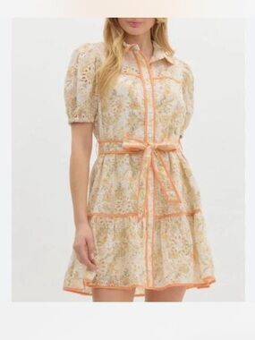NEW Sherbet Peach-Trim Floral Eyelet Bow Tie-Waist Mini Dress